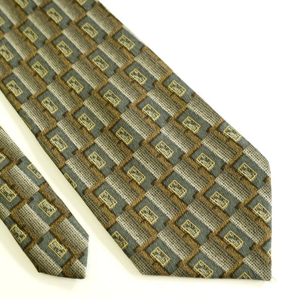Louis Roth Green‎ Brown Metallic Print Wide Silk Tie